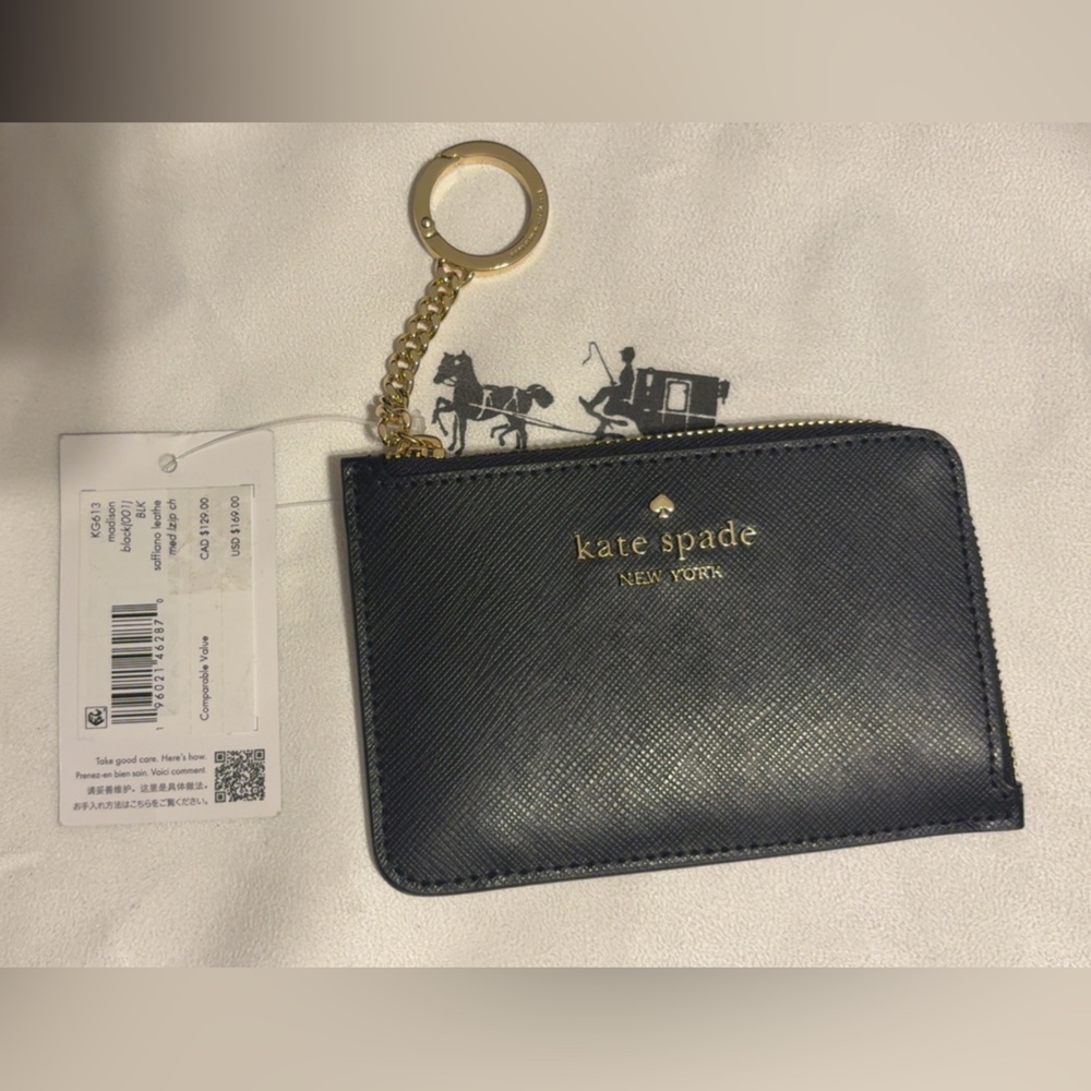 kate spade black and gold zip card holder keychain